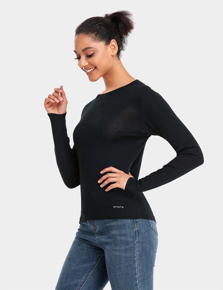 Women Ororo Merino Wool Crew Base Layer Black | US-983TPGXNL